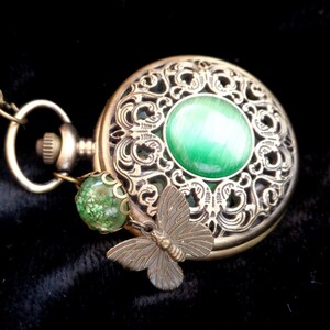 Pendant watch real flowers green or white & butterfly pocket watch necklace Vintage watch Victorian bronze gift for women Easter image 5