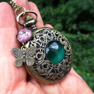 Pendant watch real flowers green or white & butterfly pocket watch necklace Vintage watch Victorian bronze gift for women Easter image 4