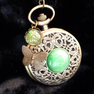 Pendant watch real flowers green or white & butterfly pocket watch necklace Vintage watch Victorian bronze gift for women Easter green flowers