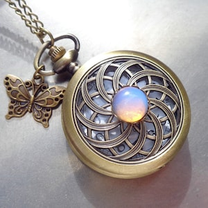 Pendant watch necklace or men's pocket watch Mandala Opal (synth) butterfly Art Deco Art Nouveau necklace Vintage watch retro gift women image 7