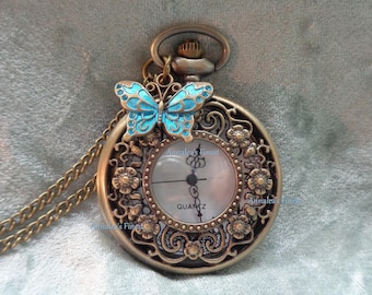 Vlinderkettinghorloge, handgeschilderd metallic blauw, bronzen oorbellen, Victoriaans zakhorloge, vintage cadeau voor vrouwen, kerstcadeau