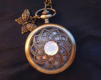 Reloj de cadena reloj de bolsillo mandala con cadena de mariposa de ópalo (sintetizador) con cubierta de resorte vintage art nouveau art deco regalo hombres y mujeres