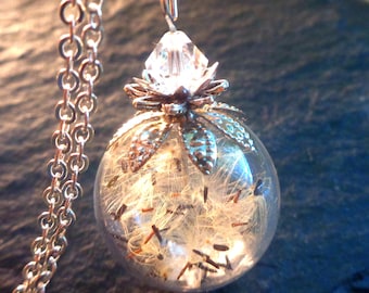 Dandelion necklace silver with tiny seeds, turning sphere botanical jewelry terrarium make a wish gift for women