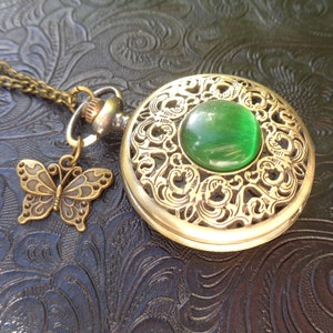 Pendant watch real flowers green or white & butterfly pocket watch necklace Vintage watch Victorian bronze gift for women Easter butterfly