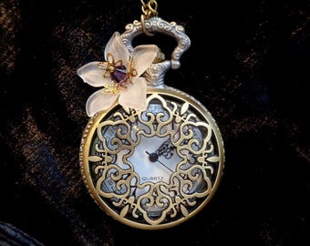 Pendant watch Art Nouveau pocket watch white flower necklace Vintage watch Victorian bronze Bridesmaids gift Christmas gift for women