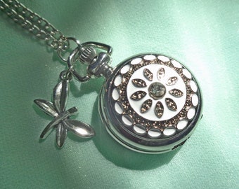 Mini watch necklace with mirror silver dragonfly butterfly pocket watch retro Vintage gift for women