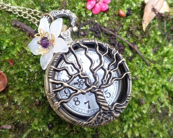 Pendant watch tree of life celtic Yggdrasil with white flower pocket watch necklace germanic Vintage watch bronze Easter gift for women