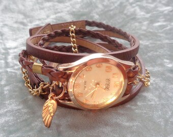 Wrap watch bracelet brown vegan leather goldplated wrist watch for women