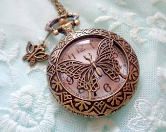 Pendant watch Art Nouveau Art Deco butterfly pocket watch necklace Vintage watch Victorian bronze  gift Christmas gift for women