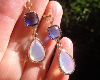 Tear drop dangle earrings sapphire moonstone facetted framed glass jewels crystal jewelry medieval  gift for women