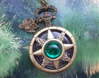 Montre à chaîne vert émeraude avec hibou Pegasus étoile montre de poche bronze couvercle à ressort vintage cadeau victorien pour les femmes