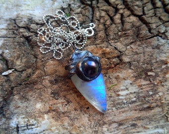 Rainbow moonstone Sterling silver necklace blue flash freshwater pearl OOAK gift for men and women