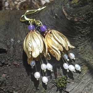 Golden flower earrings raw brass with pearls &quot;The promise&quot;  dangle earrings whimsical fairy elven Boho Hippie gift for women Christmas