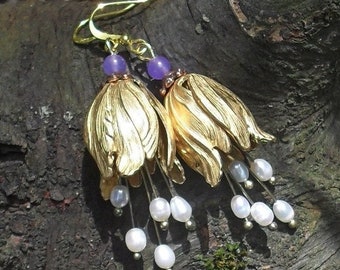 Golden flower earrings raw brass with pearls "The promise"  dangle earrings whimsical fairy elven Boho Hippie gift for women Christmas