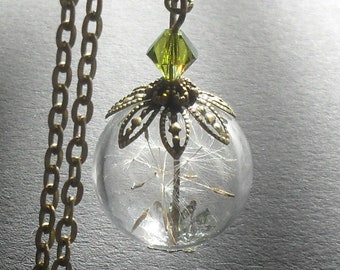 DANDELION NECKLACE bronze filigree botanical jewelry real plant terrarium jewelry make a wish gift for women