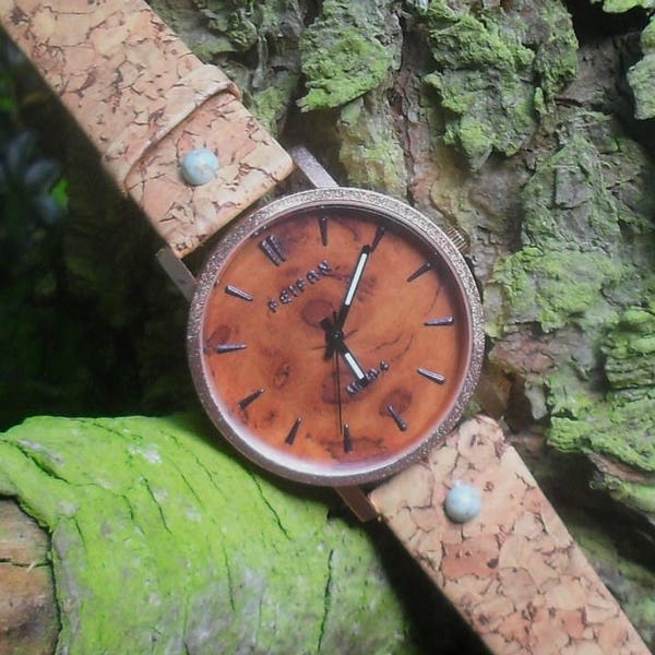 CORK WATCH, wrist watch, vegan leather watch, turquoise & fire opal (synth) Boho watch,  gift for men and women, cork style watch, unisex