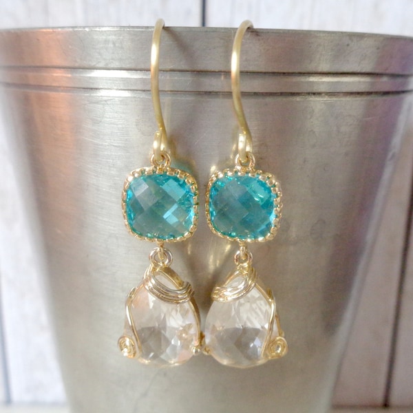 Crystal earrings Aquamarin color Tudor earrings medieval dangle earrings jewelry tear drop jewels wedding engagement women