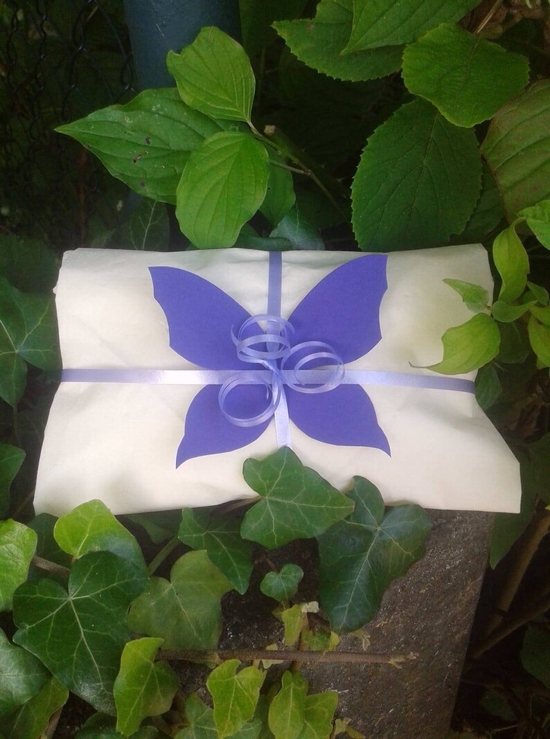 May include: A white gift bag with a purple butterfly cutout and a purple ribbon tied in a bow.