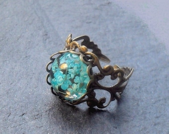 ECHTE BLOEMEN RING turquoise bloemen bloeit in hars fantasie ring elven ring botanische sieraden natuurlijke sieraden cadeau voor tuinmannen