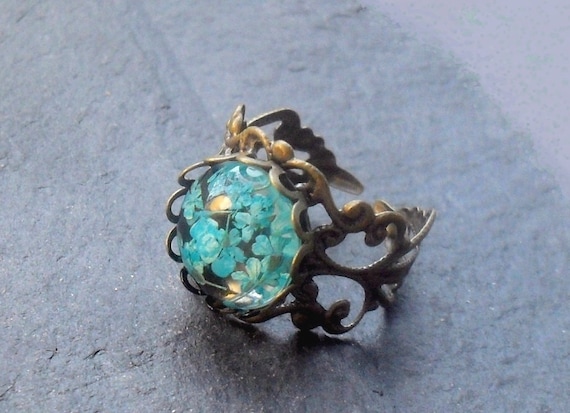 ECHTE BLÜTEN RING türkise Blumen Blüten in Resin Fantasy Ring Elfen Ring botanischer Schmuck Naturschmuck Geschenk für Gärtner