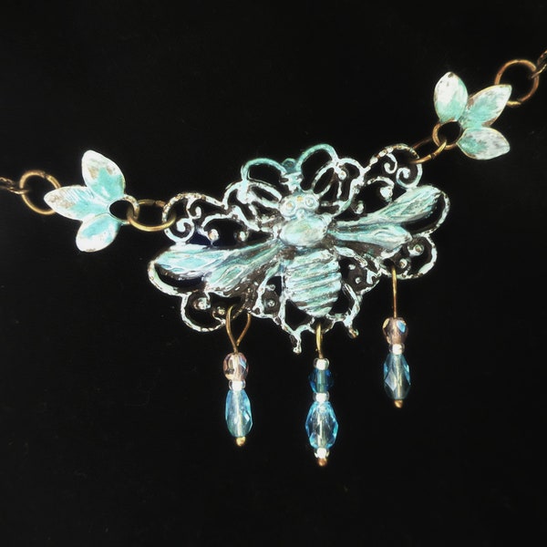 Bumblebee Queen bee necklace bronze verdigris hand painted Art Nouveau insects gothic steampunk gift for woman and men insect lovers