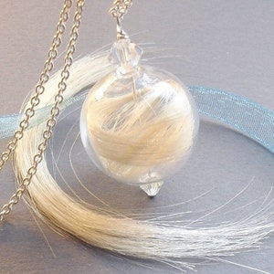 Può includere: Una collana con catena d'argento con un ciondolo a sfera di vetro trasparente che contiene un vortice di capelli bianchi. La collana è esposta su un nastro blu chiaro.