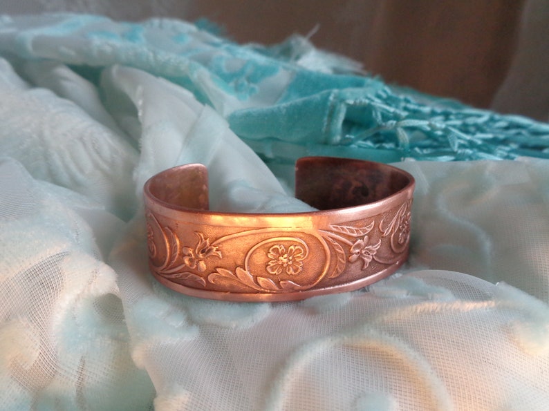 Copper bangle Art Nouveau style bracelet cuff tendrils and flowers unique handmade gift for women and men image 5