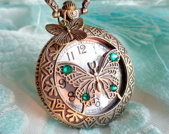 Pendant watch Art Nouveau Art Deco butterfly pocket watch necklace Vintage watch Victorian bronze  gift Christmas gift for women