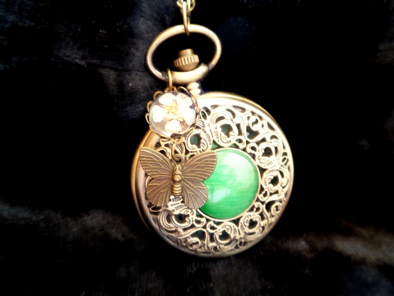 Pendant watch real flowers green or white & butterfly pocket watch necklace Vintage watch Victorian bronze gift for women Easter image 7