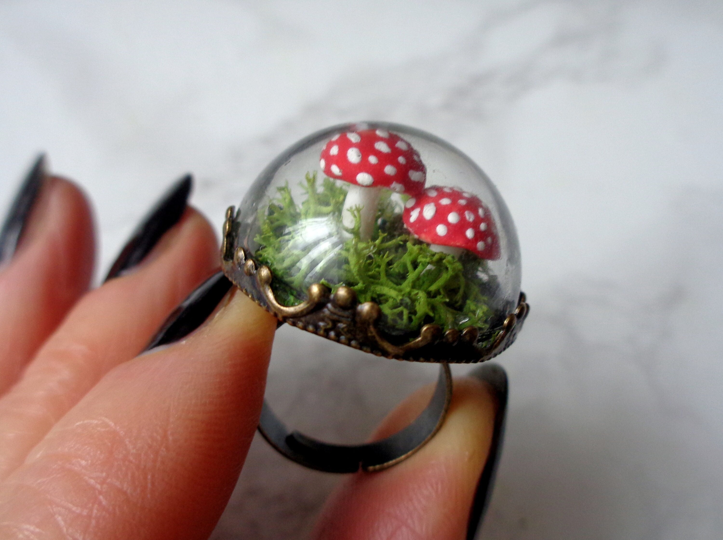 Toadstool Ring Halloween Mushroom Ring Terrarium Jewelry Witch Mushroom Moss Ring Witch Wicca Real Plant Ring Gift Gift for Women
