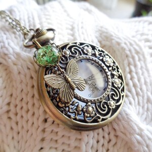 Kettenuhr mit echten Blüten grün mit Schmetterling bronze nostalgische Taschenuhr Vintage Jugendstil Geschenk für Frauen Weihnachten Bild 9