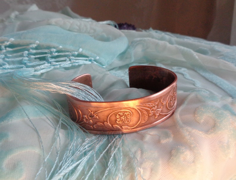 Copper bangle Art Nouveau style bracelet cuff tendrils and flowers unique handmade gift for women and men image 2