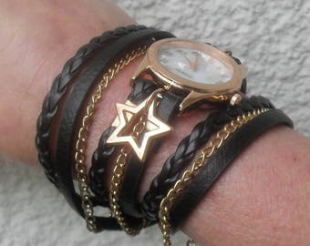 Angel wrap watch, bracelet watch, black angel watch, vegan leather wrist watch, women watch, gift for women, real flower watch