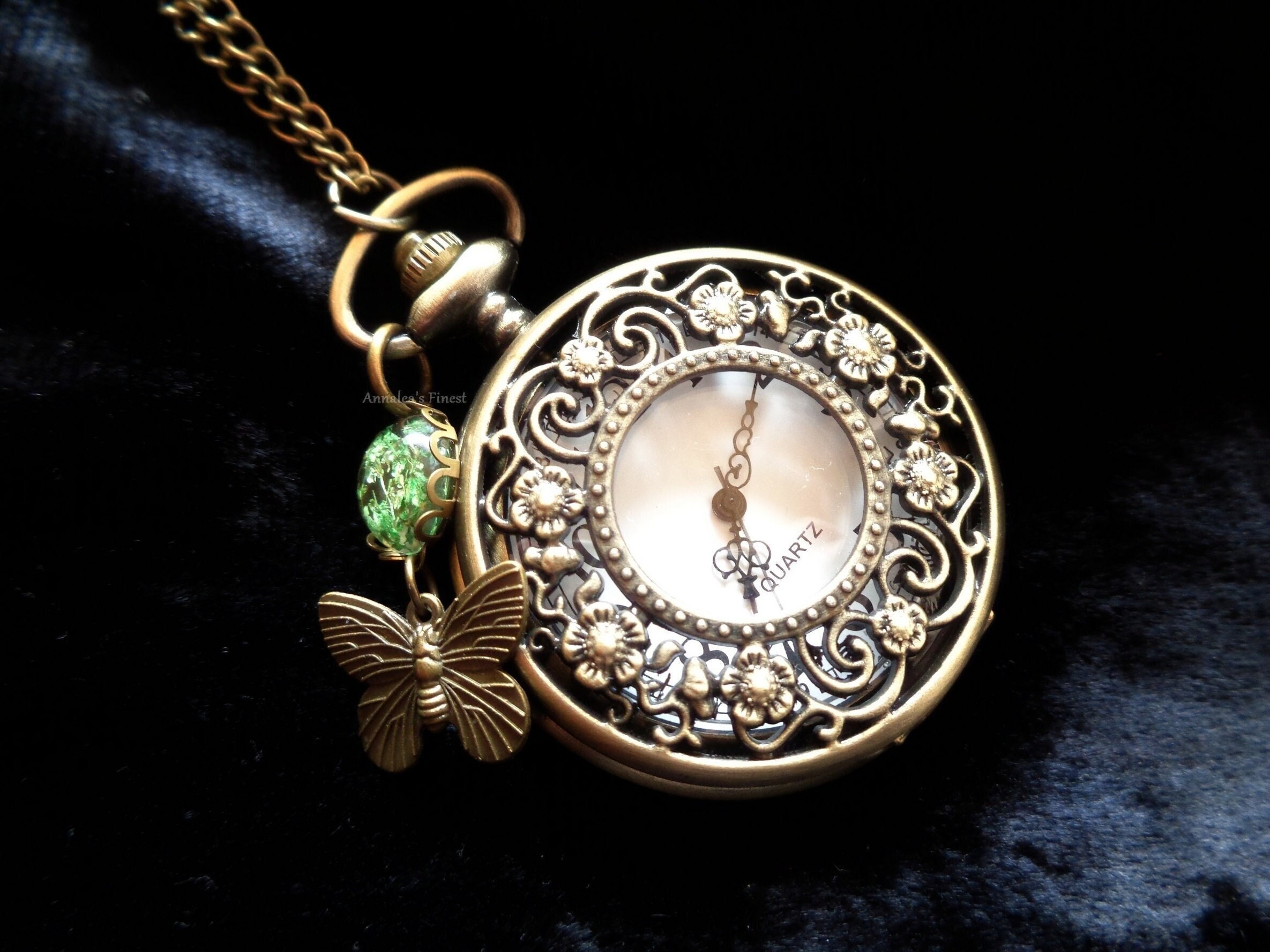 Pendant Watch Necklace Real Flowers Green or Teal Butterfly Art