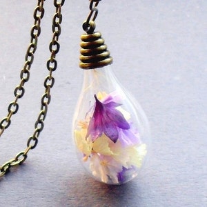 real flower necklace forget-me-not  terrarium necklace gift for women and garden lovers tear drop glass pendant