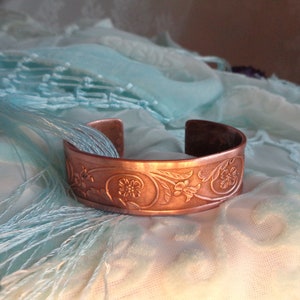 Copper bangle Art Nouveau style bracelet cuff tendrils and flowers unique handmade gift for women and men image 4