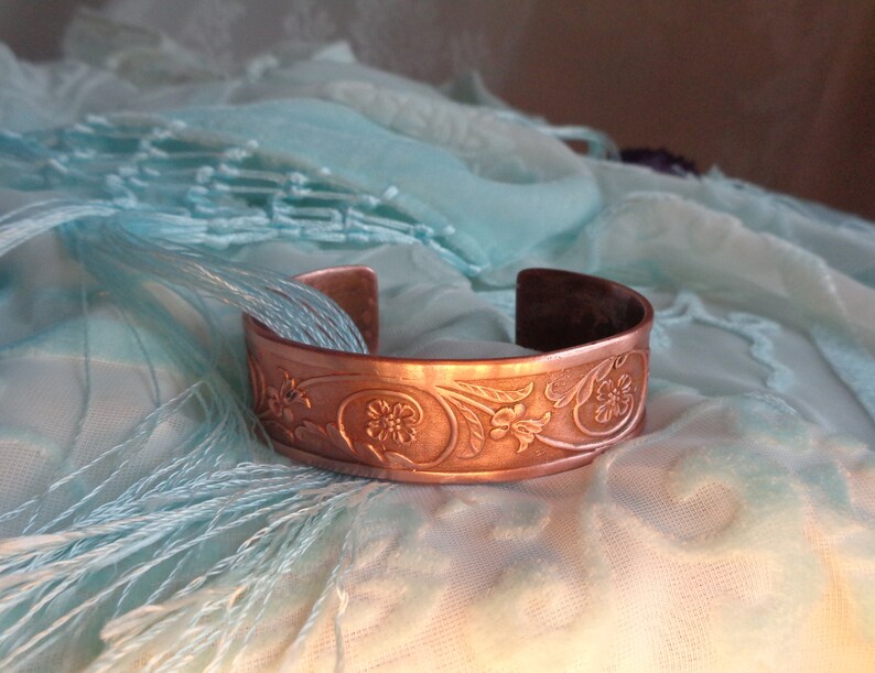 Copper bangle Art Nouveau style bracelet cuff tendrils and flowers unique handmade gift for women and men image 4
