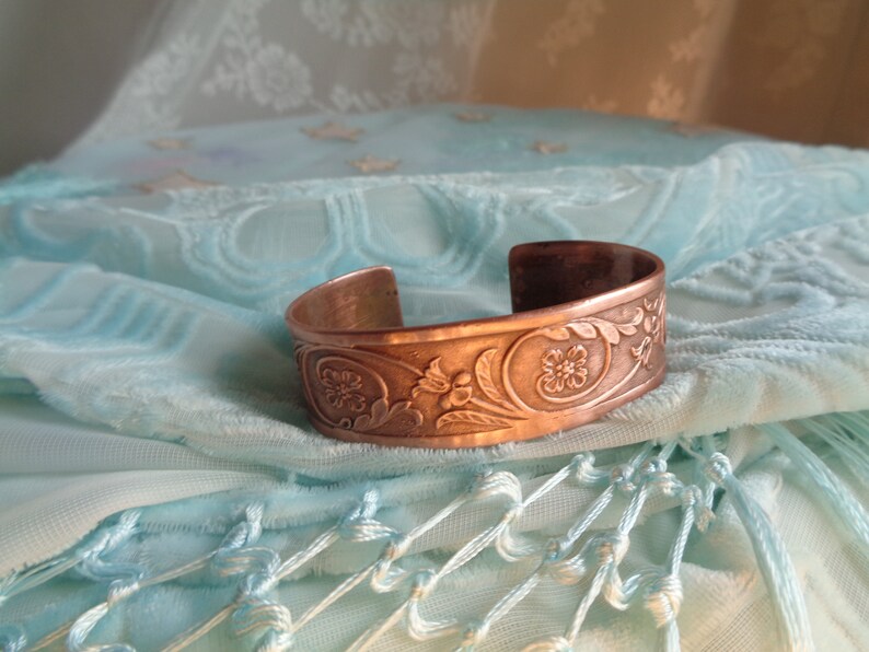 Copper bangle Art Nouveau style bracelet cuff tendrils and flowers unique handmade gift for women and men image 6