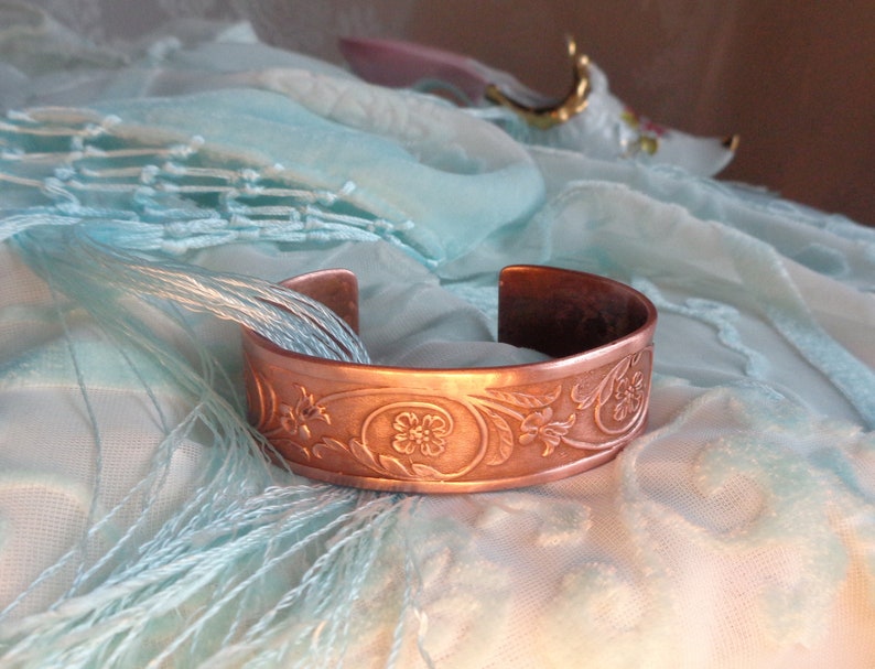 Copper bangle Art Nouveau style bracelet cuff tendrils and flowers unique handmade gift for women and men image 9