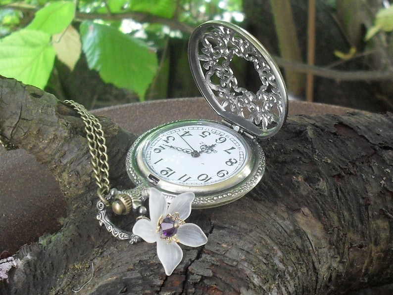 Pendant watch Art Nouveau white flower pocket watch necklace Etsy