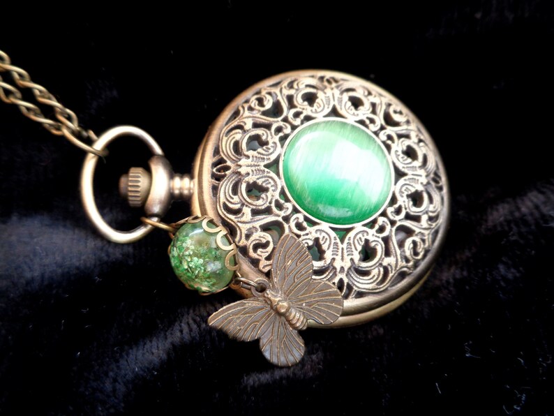 Pendant watch real flowers green or white & butterfly pocket watch necklace Vintage watch Victorian bronze gift for women Easter image 5