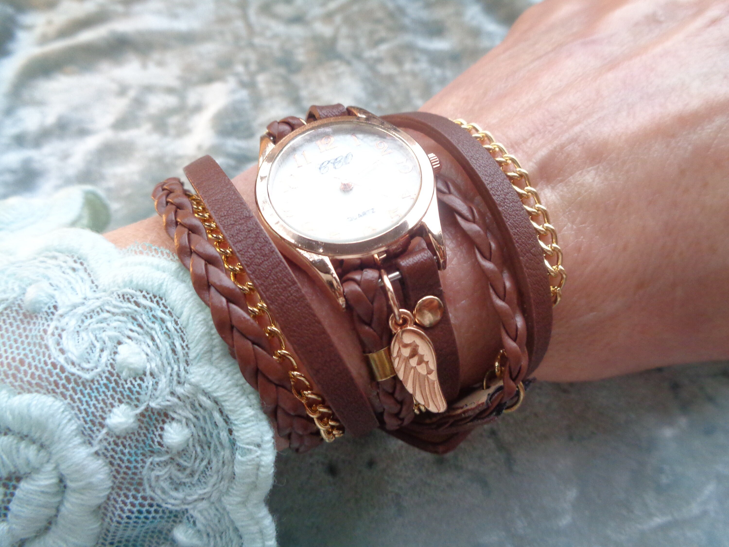 Women\'s Brown Analog Leaf Oval Case Bracelet Weave Wrap Around Leather Watch Wrap Watch Bracelet Brown Vegan Leather Goldplated Wrist  main image 2