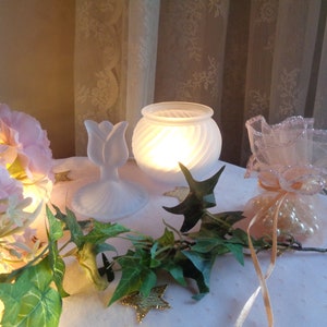 Bol en verre vintage avec couvercle tulipe, boîte à bougie chauffe-plat en satin bleu clair, décoration de balcon, cadeau romantique pour femme image 5