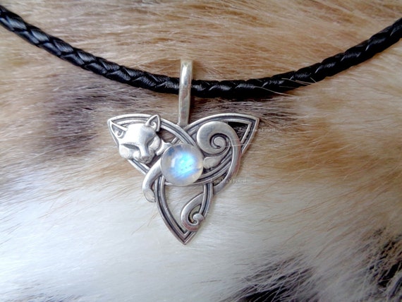Celtic Cat Necklace Sterling Silver Opal Moonstone Celtic Knot