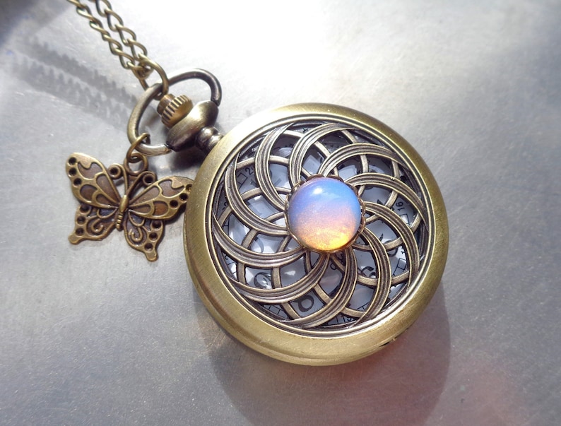 Pendant watch necklace or men's pocket watch Mandala Opal (synth) butterfly Art Deco Art Nouveau necklace Vintage watch retro gift women image 7