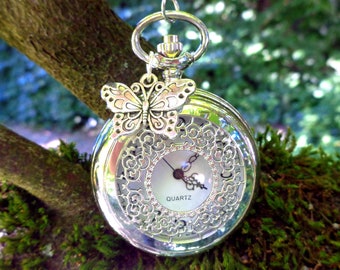 Pendant watch necklace Art Nouveau style silver butterfly filigree pocket watch retro Vintage Victorian gift for women