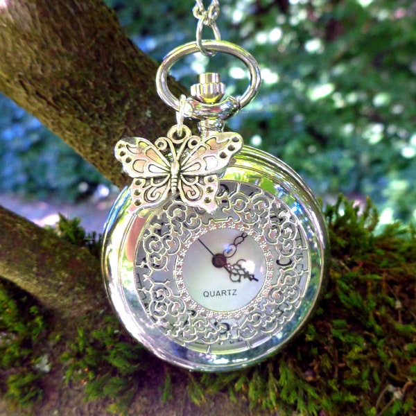 Pendant watch necklace Art Nouveau style silver butterfly filigree pocket watch retro Vintage Victorian gift for women