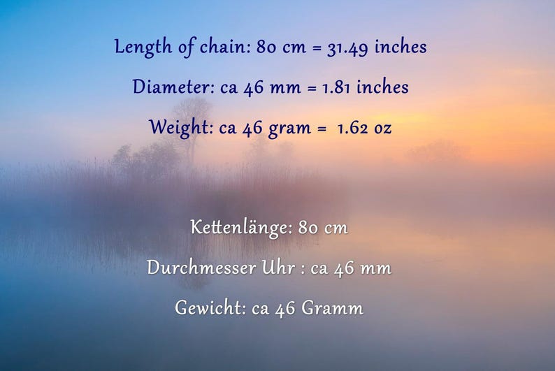 May include: Image with text detailing measurements. The chain length is 31.49 inches (80 cm), the diameter is 1.81 inches (46 mm), and the weight is 1.62 oz (46 grams). The background is a misty landscape with a gradient of blue and orange.