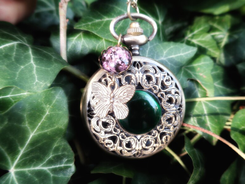 Pendant watch real flowers green or white & butterfly pocket watch necklace Vintage watch Victorian bronze gift for women Easter purple flowers