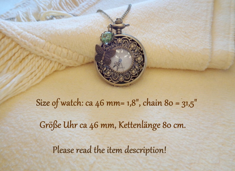 Kettenuhr mit echten Blüten grün mit Schmetterling bronze nostalgische Taschenuhr Vintage Jugendstil Geschenk für Frauen Weihnachten Bild 6